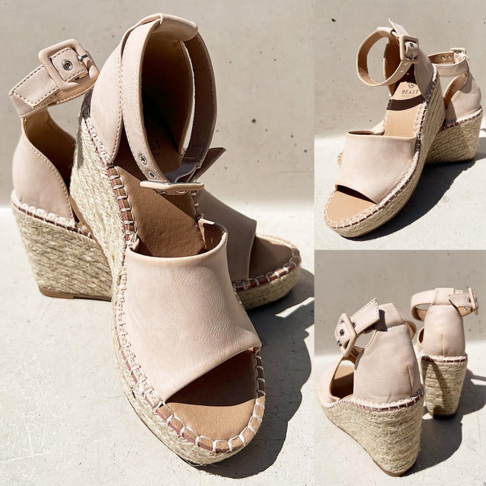 NEW Sand Nude Faux Leather Ankle Buckle Strap Espadrille Platform Wedge Sandals - Picture 9 of 13